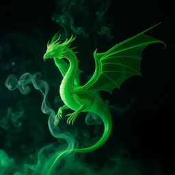 A mystical fume drake emerging from swirling green smoke, its entire form composed of the ethereal smoke itself, giving an impression of transparency and fluidity