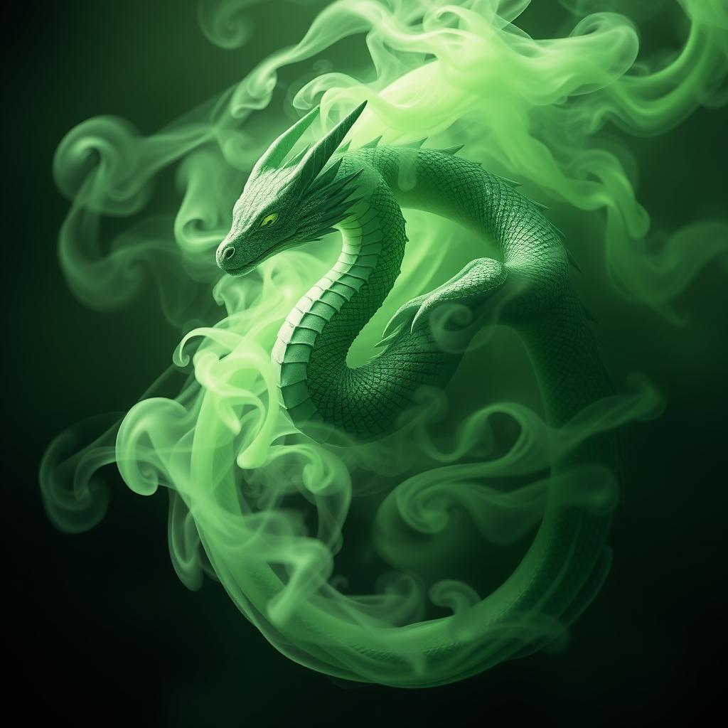 A mystical fume drake emerging from a swirling cloud of green smoke, with its serpent-like body seamlessly blending into the fumes