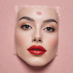 A facial tissue sheet mask, intricately designed with the makeup image of the 20-30s era. Features slim eyebrows, sultry expressive eyes, a pretend grain de beauté/mole, and vibrant lipstick imprint.