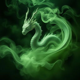 A mystical fume drake emerging from a swirling cloud of green smoke, with its serpent-like body seamlessly blending into the fumes