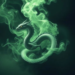 A mystical fume drake emerging from a swirling cloud of green smoke, with its serpent-like body seamlessly blending into the fumes