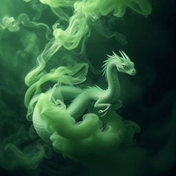 A mystical fume drake emerging from a swirling cloud of green smoke, with its serpent-like body seamlessly blending into the fumes