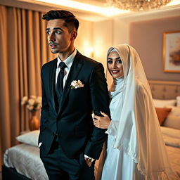 A slim-bodied groom in a black suit, standing next to his bride wearing a white hijab and bridal veil