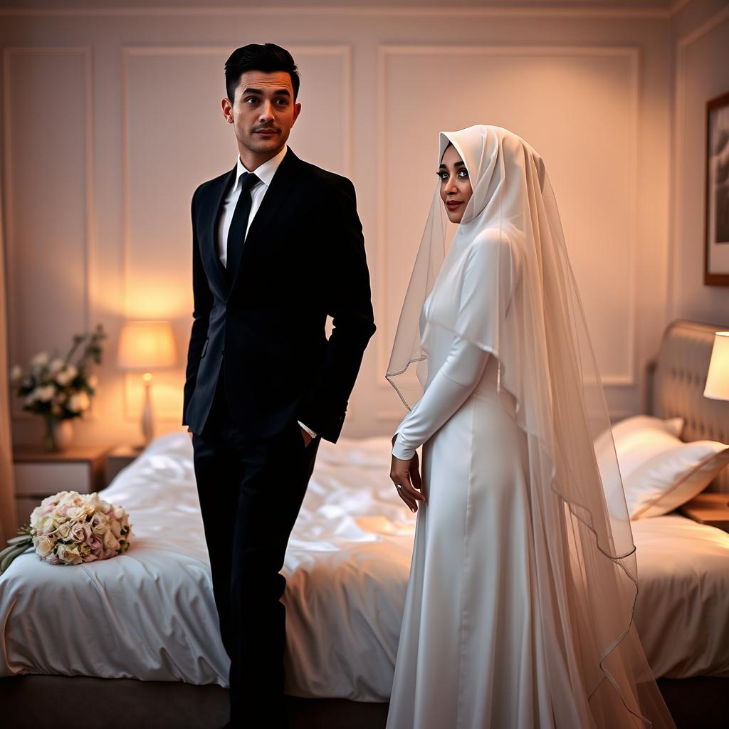 A slim-bodied groom in a black suit, standing next to his bride wearing a white hijab and bridal veil