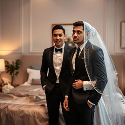 A slim-bodied groom in a black suit, standing next to his bride wearing a white hijab and bridal veil