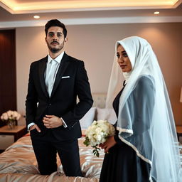 A slim-bodied groom in a black suit, standing next to his bride wearing a white hijab and bridal veil