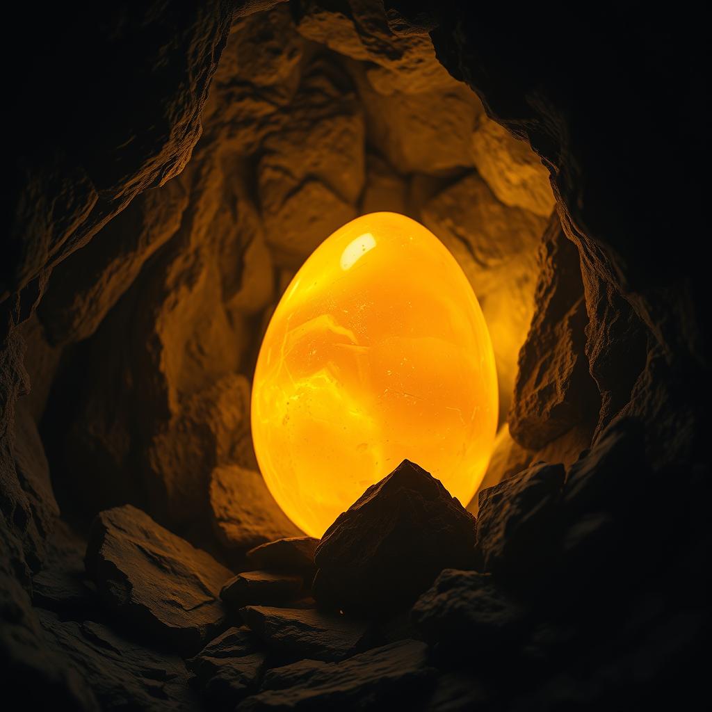 A golden amber crystal egg embedded in a dark cave wall