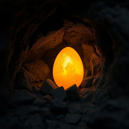 A golden amber crystal egg embedded in a dark cave wall