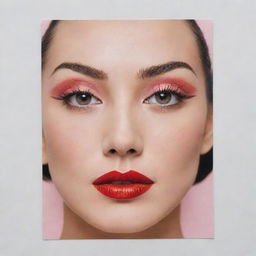 A facial tissue sheet mask, intricately designed with the makeup image of the 20-30s era. Features slim eyebrows, sultry expressive eyes, a pretend grain de beauté/mole, and vibrant lipstick imprint.