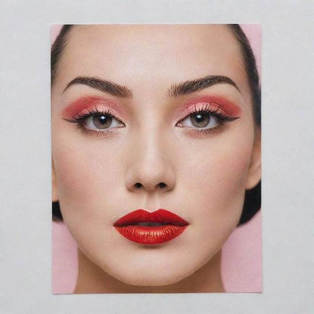 A facial tissue sheet mask, intricately designed with the makeup image of the 20-30s era. Features slim eyebrows, sultry expressive eyes, a pretend grain de beauté/mole, and vibrant lipstick imprint.