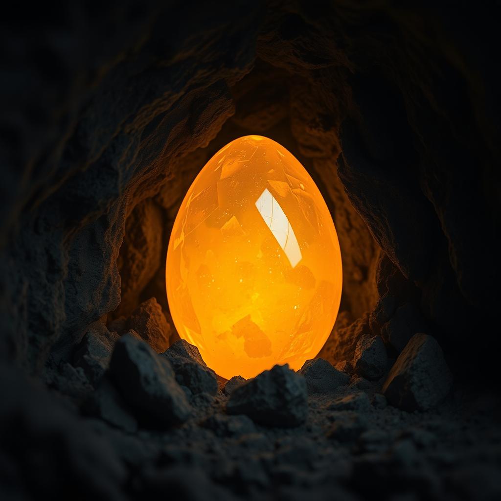 A golden amber crystal egg embedded in a dark cave wall