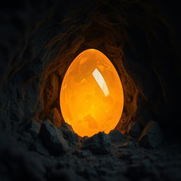 A golden amber crystal egg embedded in a dark cave wall