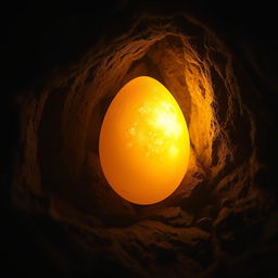 A golden amber crystal egg embedded in a dark cave wall