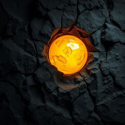 A mesmerizing golden amber crystal, perfectly round, embedded in the rugged wall of a dark cave