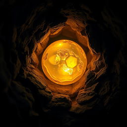 A mesmerizing golden amber crystal, perfectly round, embedded in the rugged wall of a dark cave