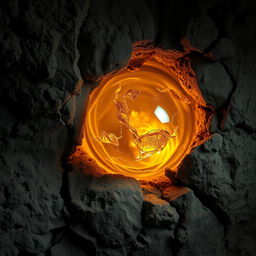 A mesmerizing golden amber crystal, perfectly round, embedded in the rugged wall of a dark cave