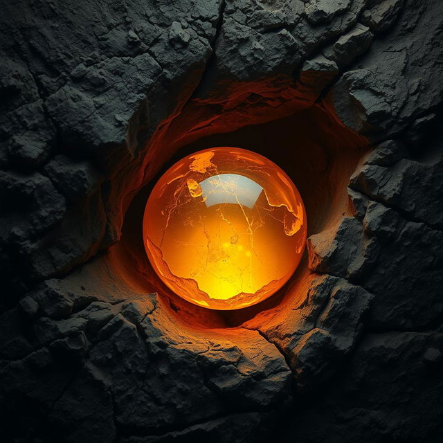 A mesmerizing golden amber crystal, perfectly round, embedded in the rugged wall of a dark cave