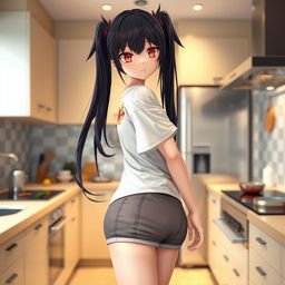 A woman with long black twintails and striking red eyes stands in a kitchen, showcasing a 3D rendering of the highest quality