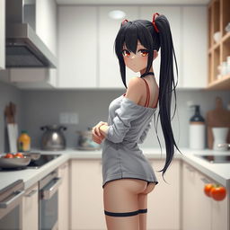 A woman with long black twintails and striking red eyes stands in a kitchen, showcasing a 3D rendering of the highest quality