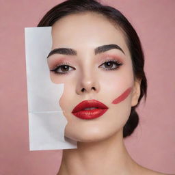 A facial tissue sheet mask, intricately designed with the makeup image of the 20-30s era. Features slim eyebrows, sultry expressive eyes, a pretend grain de beauté/mole, and vibrant lipstick imprint.