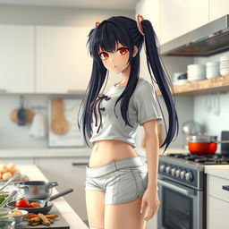 A woman with long black twintails and striking red eyes stands in a kitchen, showcasing a 3D rendering of the highest quality