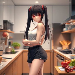 A woman with long black twintails and striking red eyes stands in a kitchen, showcasing a 3D rendering of the highest quality