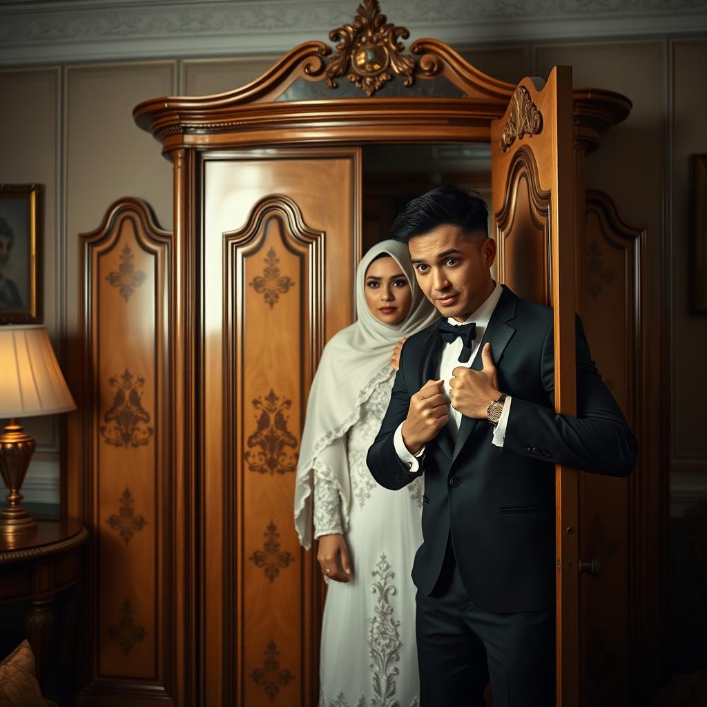 A groom wearing a sleek black suit opens a wardrobe with a look of shock on his face