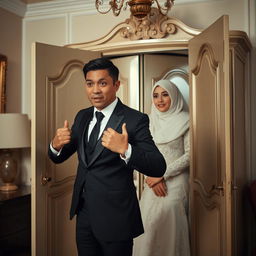 A groom wearing a sleek black suit opens a wardrobe with a look of shock on his face