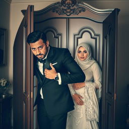 A groom wearing a sleek black suit opens a wardrobe with a look of shock on his face