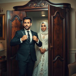 A groom wearing a sleek black suit opens a wardrobe with a look of shock on his face