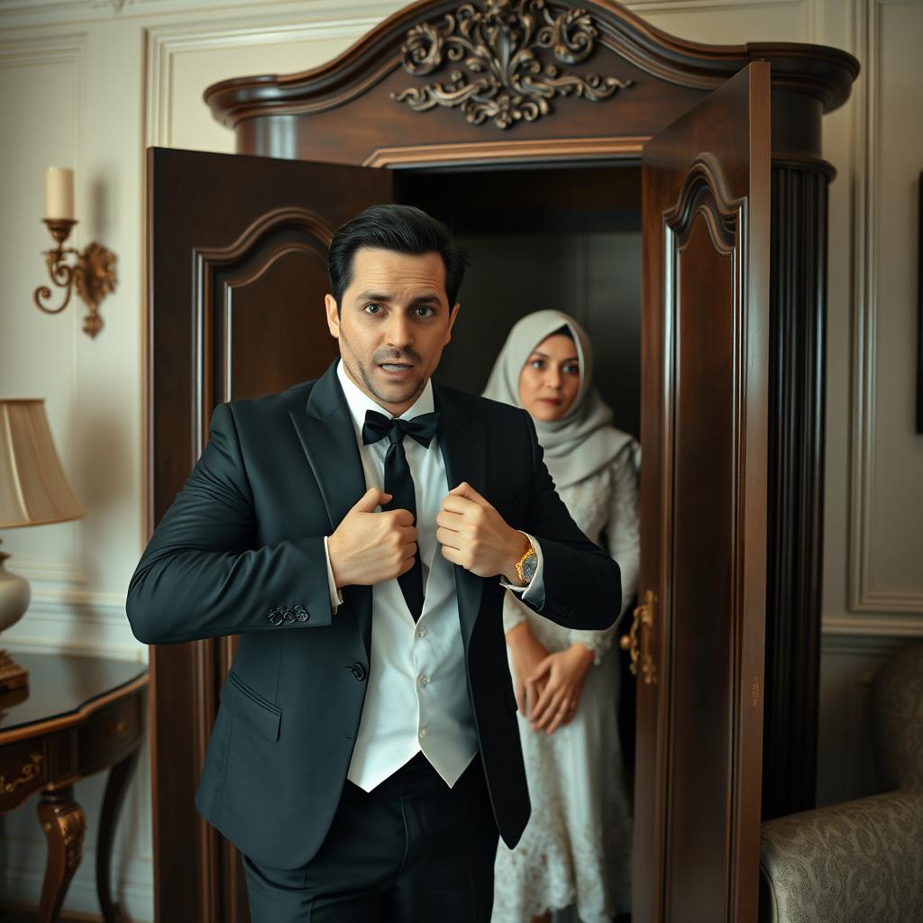 A groom wearing a sleek black suit opens a wardrobe with a look of shock on his face