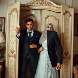 A groom wearing a sleek black suit opens a wardrobe with a look of shock on his face