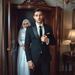 A groom wearing a sleek black suit opens a wardrobe with a look of shock on his face