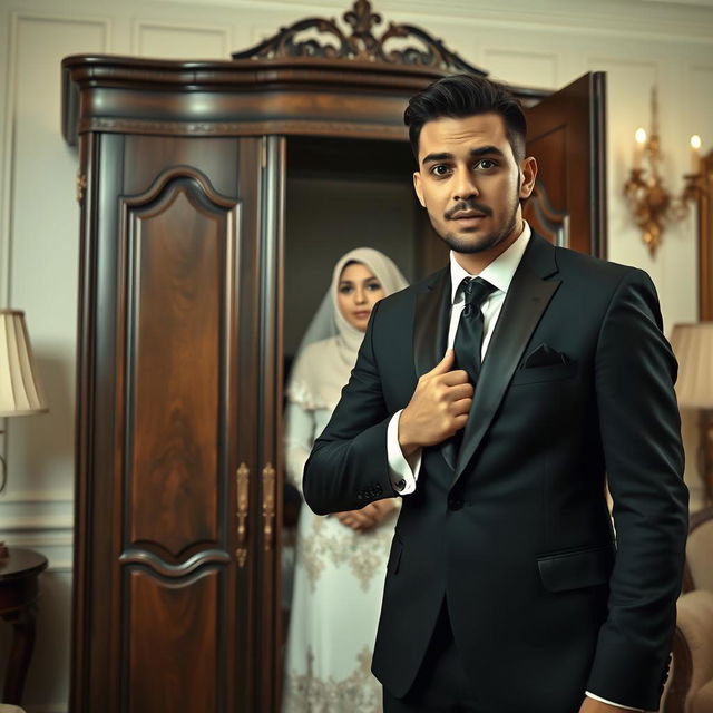 A groom wearing a sleek black suit opens a wardrobe with a look of shock on his face