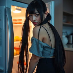 A woman with long black twintails and captivating red eyes is bending over to open the refrigerator