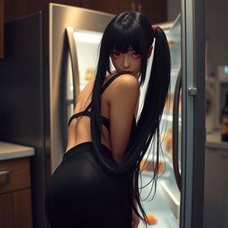 A woman with long black twintails and captivating red eyes is bending over to open the refrigerator