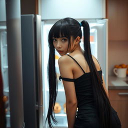 A woman with long black twintails and captivating red eyes is bending over to open the refrigerator