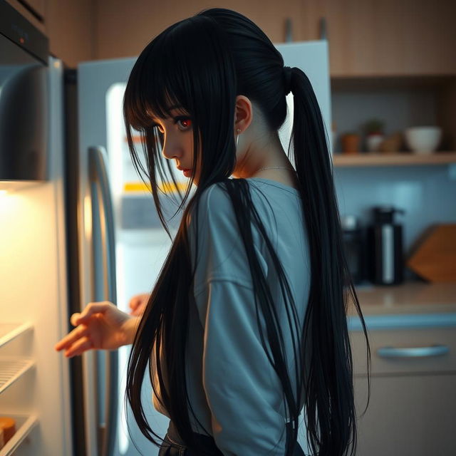 A woman with long black twintails and captivating red eyes is bending over to open the refrigerator