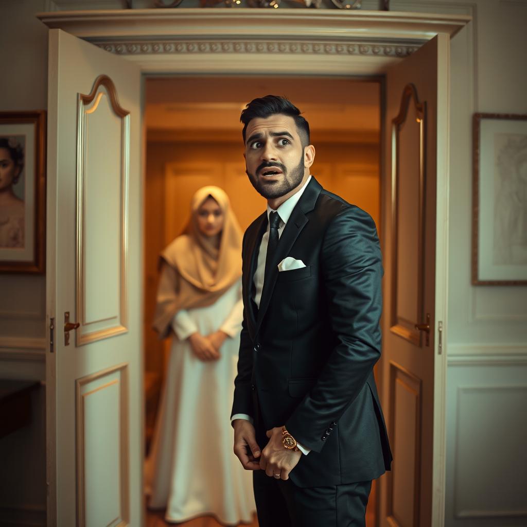 A groom in a sleek black suit stands in front of an open wardrobe, his face expressing shock and surprise