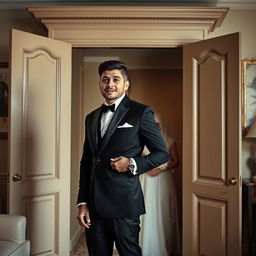 A groom in a sleek black suit stands in front of an open wardrobe, his face expressing shock and surprise