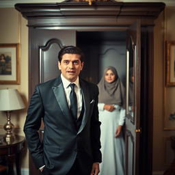 A groom in a sleek black suit stands in front of an open wardrobe, his face expressing shock and surprise