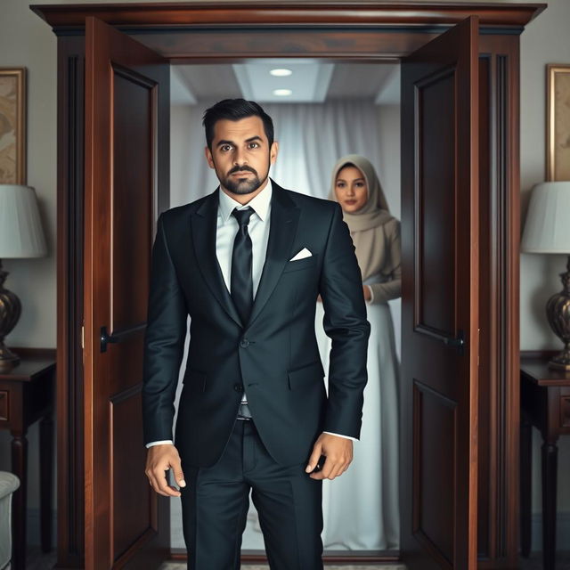 A groom in a sleek black suit stands in front of an open wardrobe, his face expressing shock and surprise