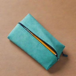 Design a pencil case with a traditional exterior, complete with a simple zipper and fabric finish. Inside, however, reveal innovative technology such as AI assistance, digital display, charging ports, and an automatic pencil sharpener.