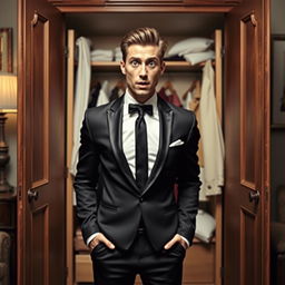 A striking novel cover featuring a slim-bodied groom in a sleek black suit standing in front of an open wardrobe, displaying a shocked expression