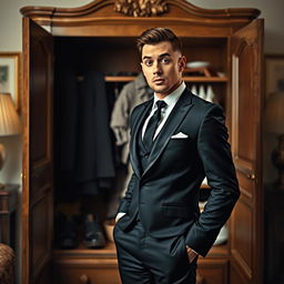 A striking novel cover featuring a slim-bodied groom in a sleek black suit standing in front of an open wardrobe, displaying a shocked expression