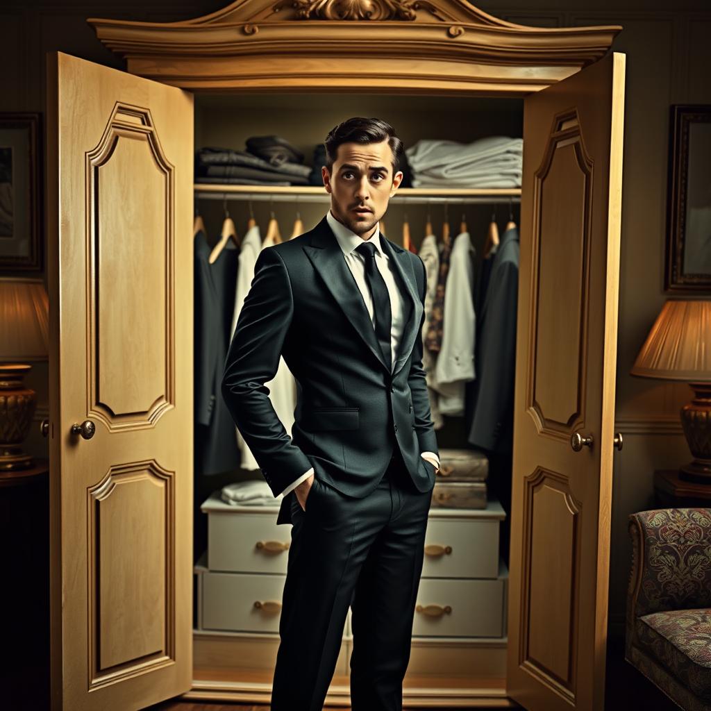 A striking novel cover featuring a slim-bodied groom in a sleek black suit standing in front of an open wardrobe, displaying a shocked expression