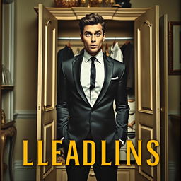 A striking novel cover featuring a slim-bodied groom in a sleek black suit standing in front of an open wardrobe, displaying a shocked expression