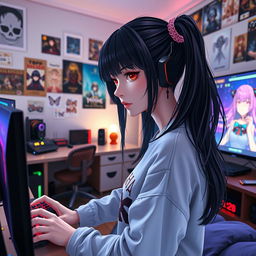 A woman with long black twintails and striking red eyes, immersed in her bedroom as she plays a video game