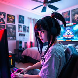 A woman with long black twintails and striking red eyes, immersed in her bedroom as she plays a video game