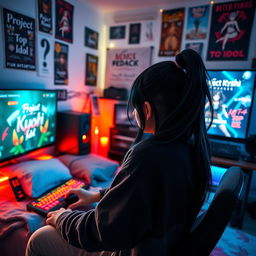 A woman with long black twintails and striking red eyes, immersed in her bedroom as she plays a video game